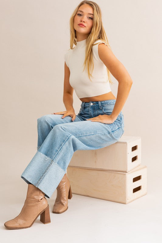 High-Waisted Wide Leg Cuffed Jeans -online exclusive