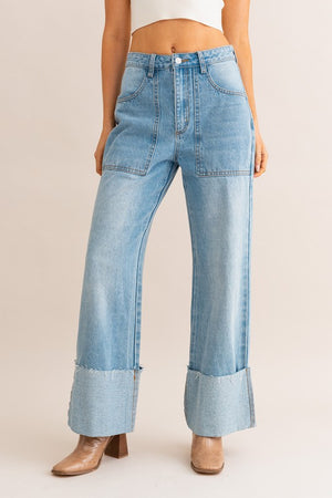 High-Waisted Wide Leg Cuffed Jeans -online exclusive