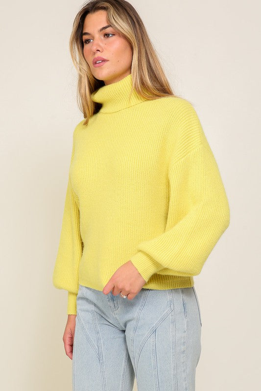Rib Knitted Turtleneck Sweater with Bishop Sleeve