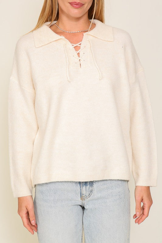 Sweater Top with V-Shape Criss Cross Tie Neck