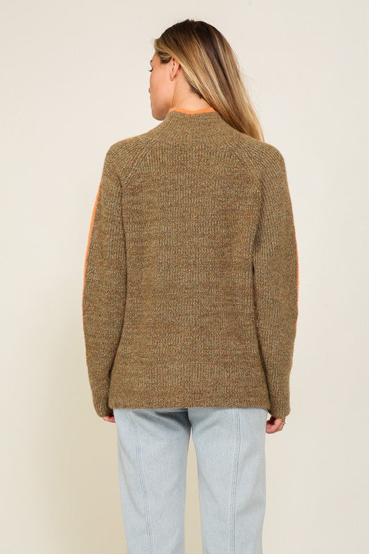 Marbled Brown Raglan Sleeve Funnel Neck Sweater