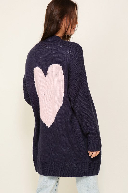 Long Sleeve Open Front Cardigan With Back Heart