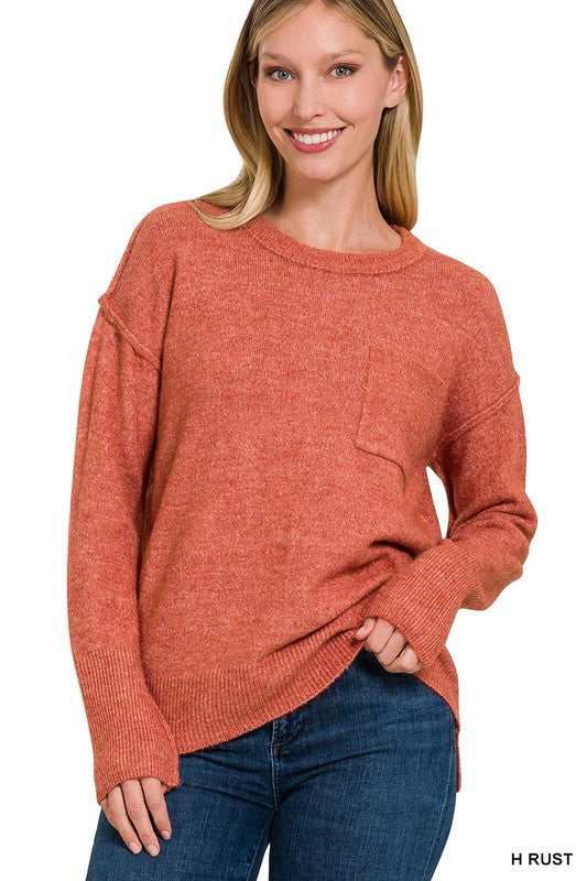 Melange Hi-Low Hem Round Neck Sweater - online exclusive