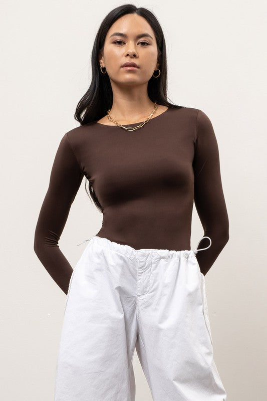 Mocha Brown Round Neck Long Sleeve Top