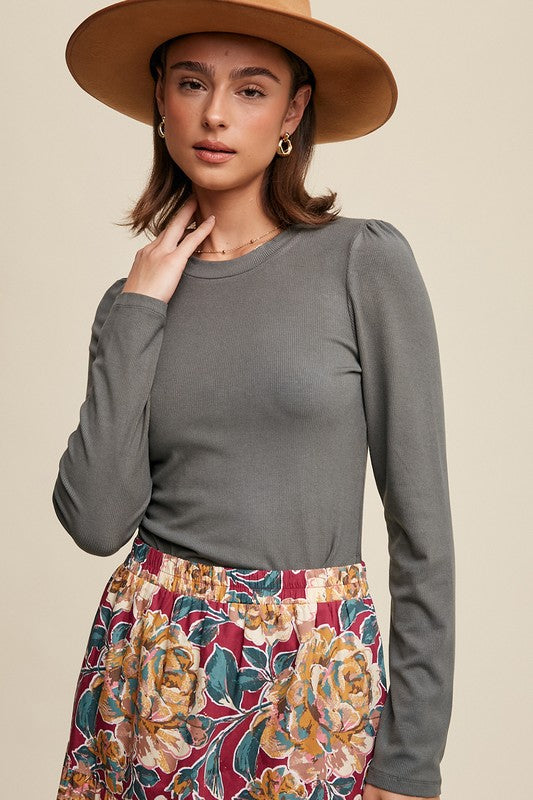 Sage Rib Fitted Long Sleeve Knit Top