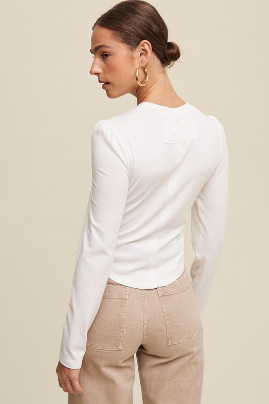 White Rib Fitted Long Sleeve Knit Top