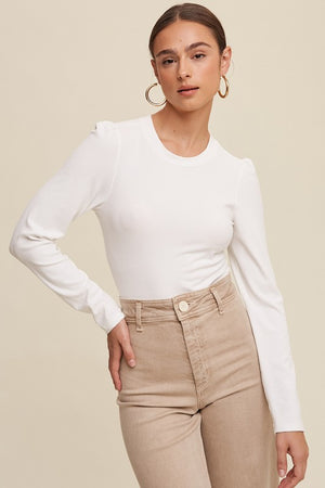 White Rib Fitted Long Sleeve Knit Top