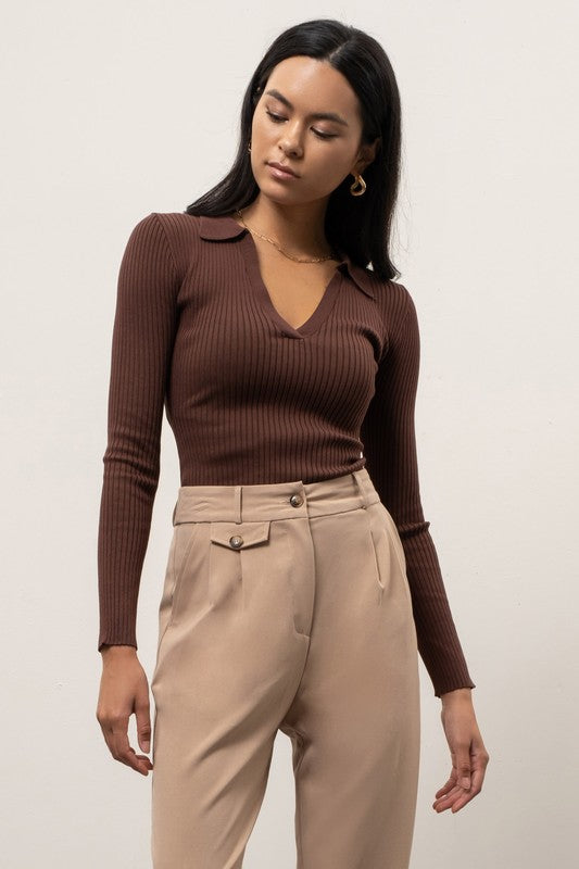 Sophia Brown Ridded Collared Top