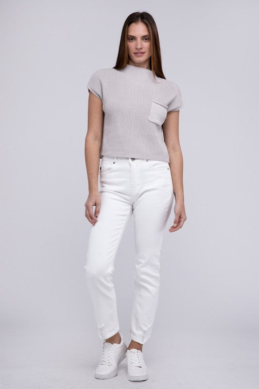 Mock Neck Short Sleeve Cropped Sweater - online exclusive