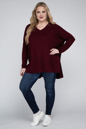 Plus Size Dolman Sleeve V-Neck Side Slit Hi-Low Hem Top - Online Exclusive