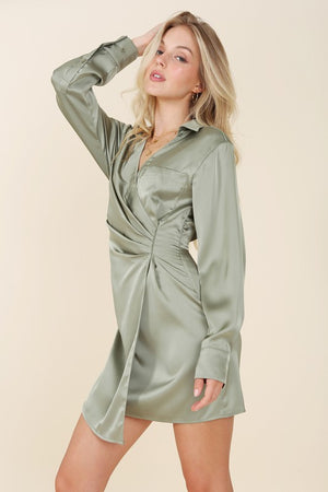 Satin collared wrap mini dress - online exclusive