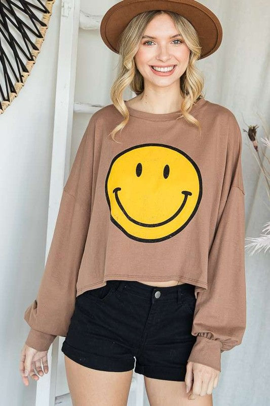 SMILEY FACE LONG SLEEVE CROP TOP - Online exclusive