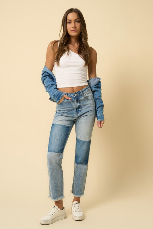High Rise Frayed Hem Straight Jeans -online exclusive