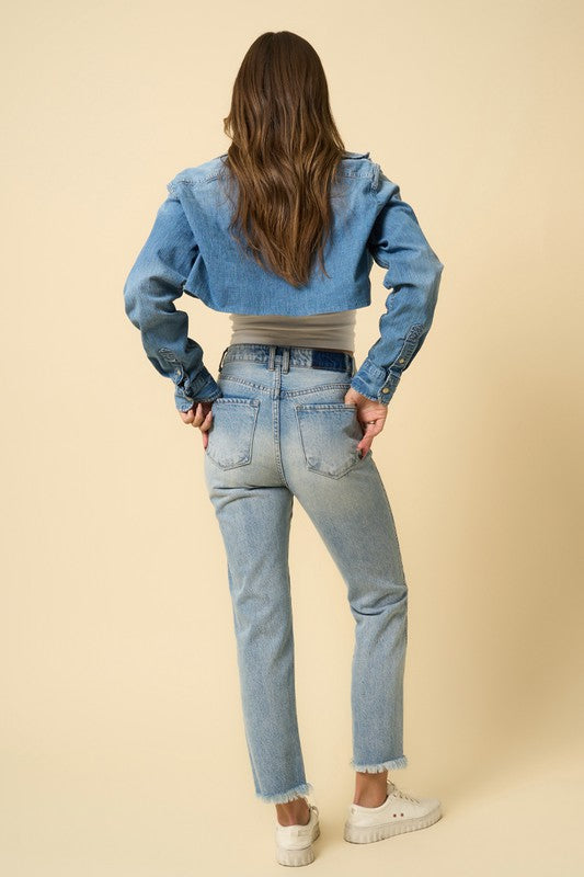 High Rise Frayed Hem Straight Jeans -online exclusive