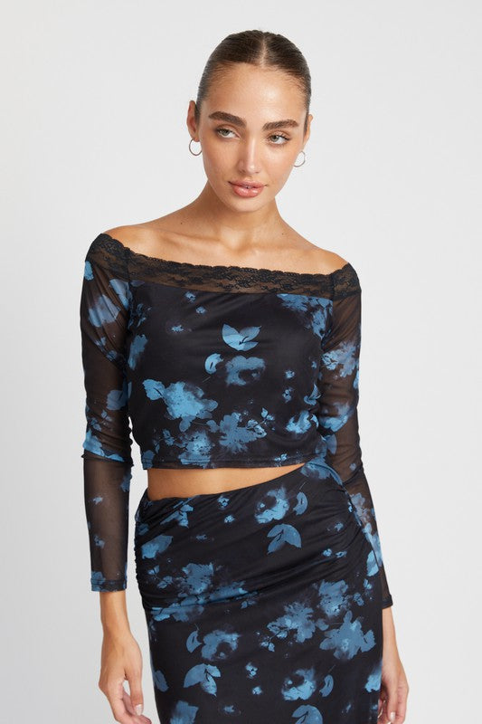 OFF SHOULDER FLORAL TOP WITH LACE DETAIL