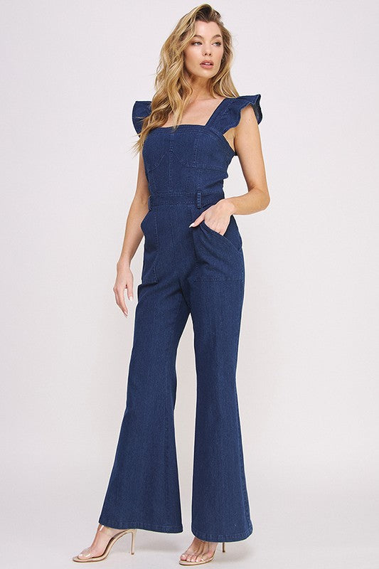 DENIM RUFFLE FLARE LEG JUMPSUIT  - Online Exclusive