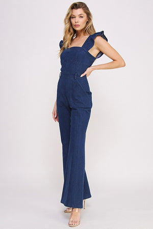 DENIM RUFFLE FLARE LEG JUMPSUIT  - Online Exclusive