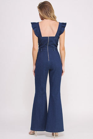 DENIM RUFFLE FLARE LEG JUMPSUIT  - Online Exclusive