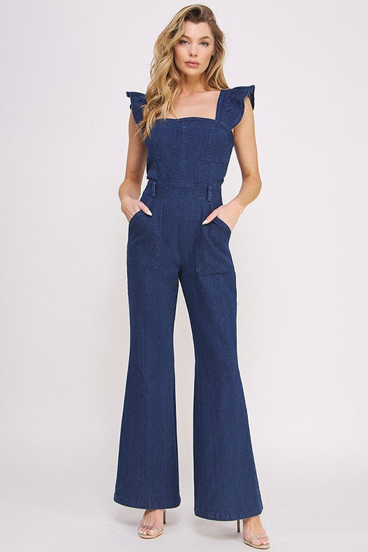 DENIM RUFFLE FLARE LEG JUMPSUIT  - Online Exclusive