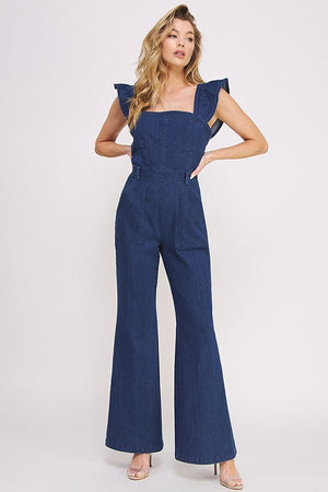 DENIM RUFFLE FLARE LEG JUMPSUIT  - Online Exclusive