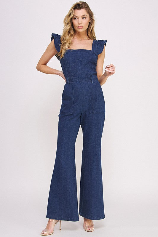 DENIM RUFFLE FLARE LEG JUMPSUIT  - Online Exclusive