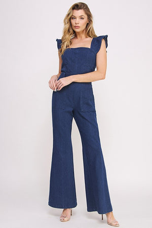 DENIM RUFFLE FLARE LEG JUMPSUIT  - Online Exclusive