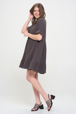 TEXTURED SHORT SLV BUTTON DOWN V-NECK SHORT DRESS