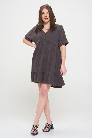 PLUS SIZE SHORT SLV BUTTON DOWN V-NECK SHORT DRESS - online exclusive