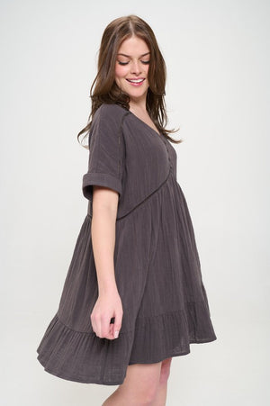 PLUS SIZE SHORT SLV BUTTON DOWN V-NECK SHORT DRESS - online exclusive