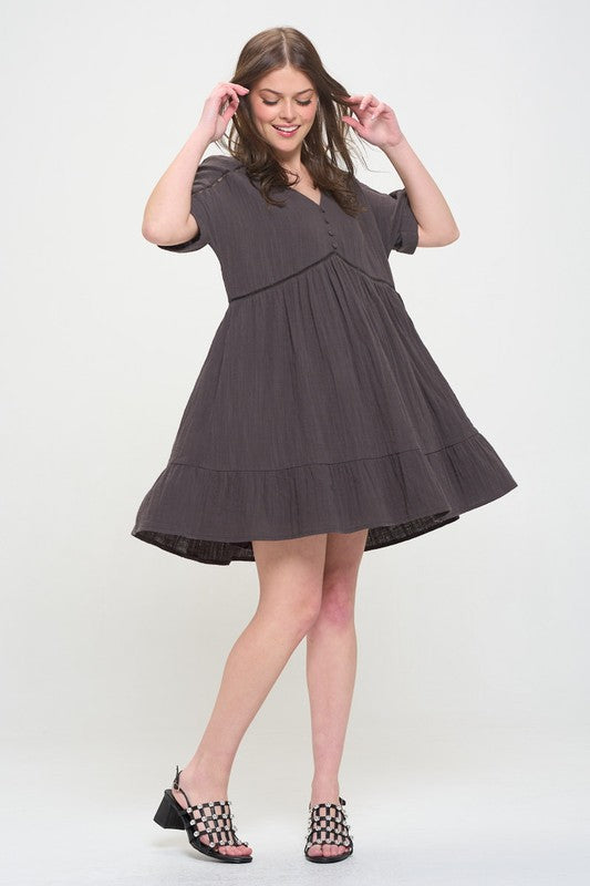 PLUS SIZE SHORT SLV BUTTON DOWN V-NECK SHORT DRESS - online exclusive