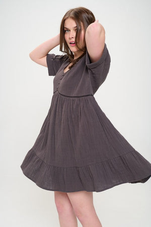 PLUS SIZE SHORT SLV BUTTON DOWN V-NECK SHORT DRESS - online exclusive