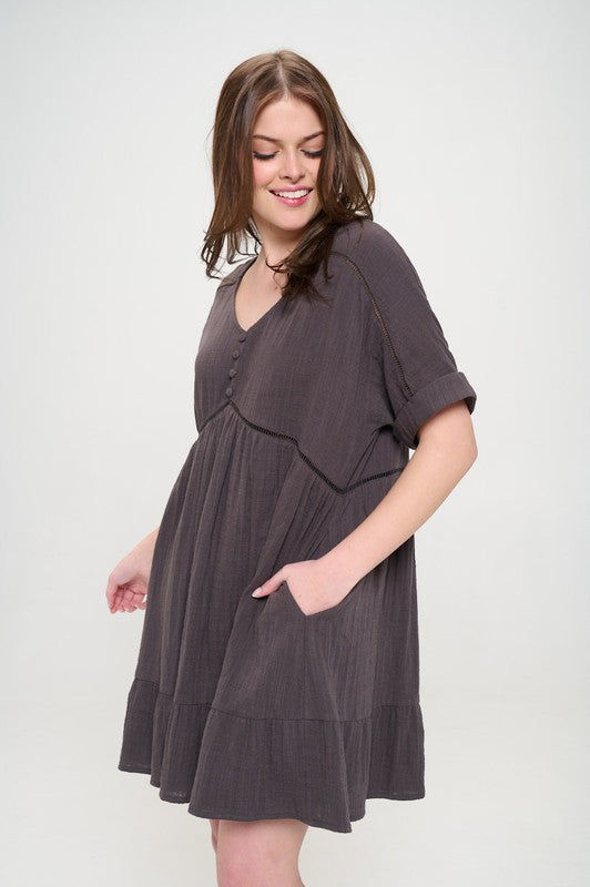 PLUS SIZE SHORT SLV BUTTON DOWN V-NECK SHORT DRESS - online exclusive