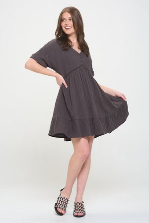 PLUS SIZE SHORT SLV BUTTON DOWN V-NECK SHORT DRESS - online exclusive