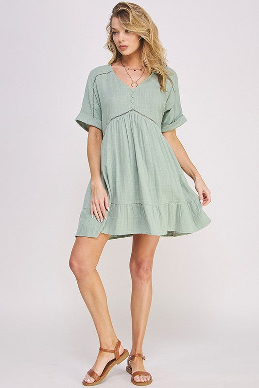 PLUS SIZE SHORT SLV BUTTON DOWN V-NECK SHORT DRESS - online exclusive