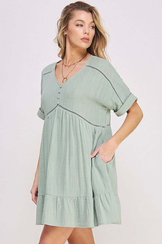 PLUS SIZE SHORT SLV BUTTON DOWN V-NECK SHORT DRESS - online exclusive