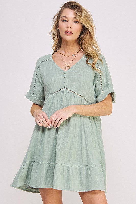 PLUS SIZE SHORT SLV BUTTON DOWN V-NECK SHORT DRESS - online exclusive