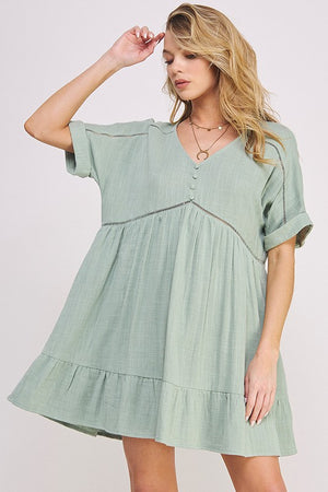 PLUS SIZE SHORT SLV BUTTON DOWN V-NECK SHORT DRESS - online exclusive