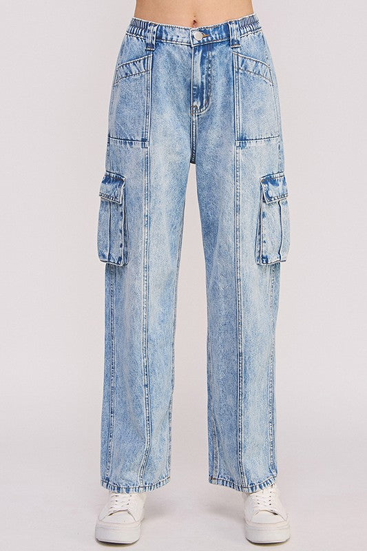 HIGH WAIST BAGGY DENIM CARGO ANKLE LENGTH TROUSERS - ONLINE EXCLUSIVE