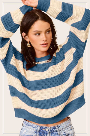 Striped Round Neck Loose Fit Sweater - Online Exclusive