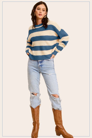 Striped Round Neck Loose Fit Sweater - Online Exclusive