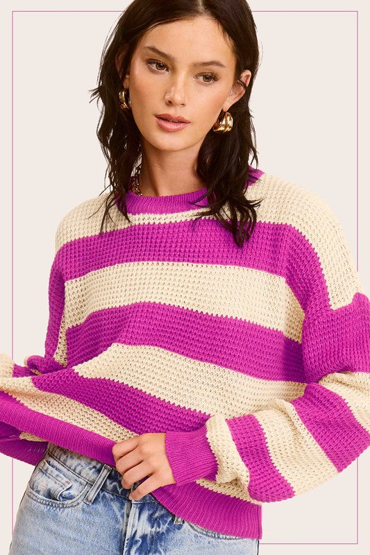 Striped Round Neck Loose Fit Sweater - Online Exclusive