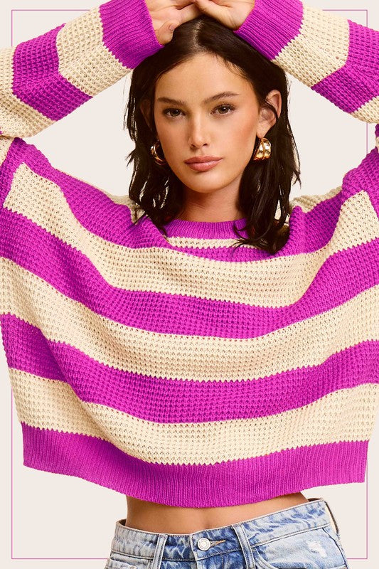 Striped Round Neck Loose Fit Sweater - Online Exclusive