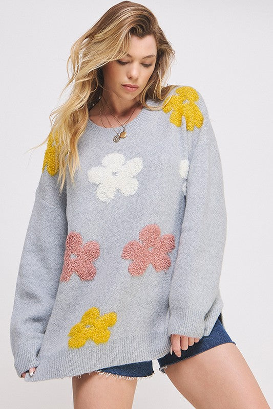 OVERSIZED LONG SLEEVE FLORAL GRAPHIC KNIT SWEATER - online Exclusive