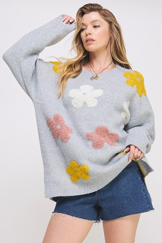 PLUS SIZE OVERSIZED LONG SLEEVE FLORAL KNIT SWEATER  - Online Exclusive