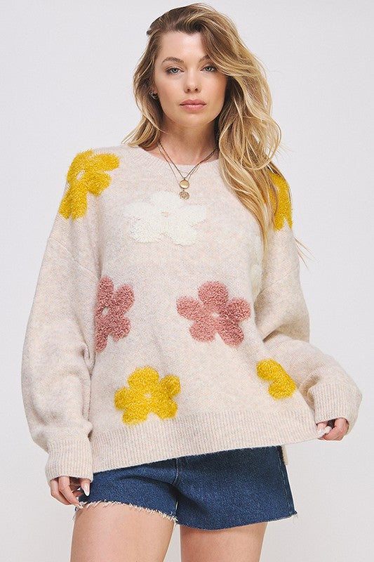 OVERSIZED LONG SLEEVE FLORAL GRAPHIC KNIT SWEATER - online Exclusive