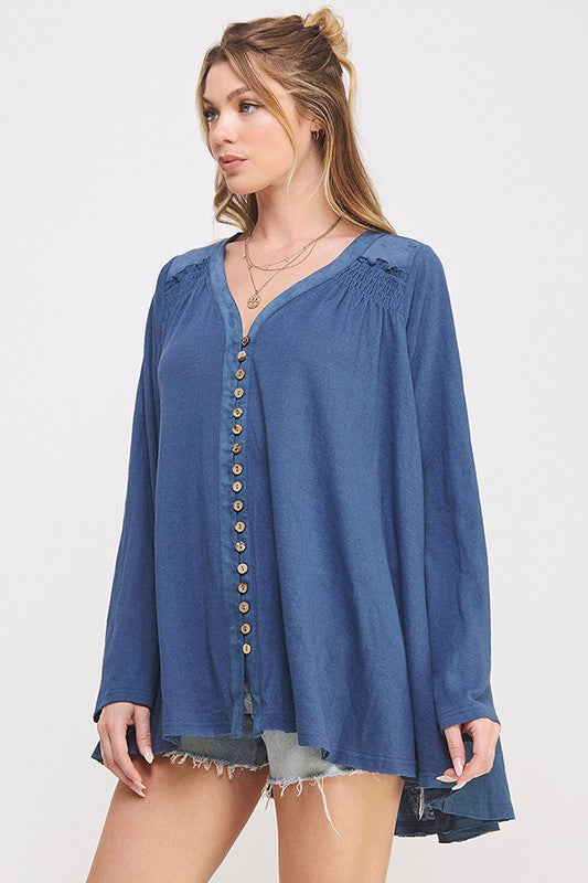 PLUS SIZE LONG SLV V-NECK OVERSIZED BUTTON DOWN TUNIC - online Exclusive