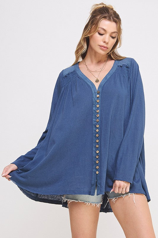 PLUS SIZE LONG SLV V-NECK OVERSIZED BUTTON DOWN TUNIC - online Exclusive