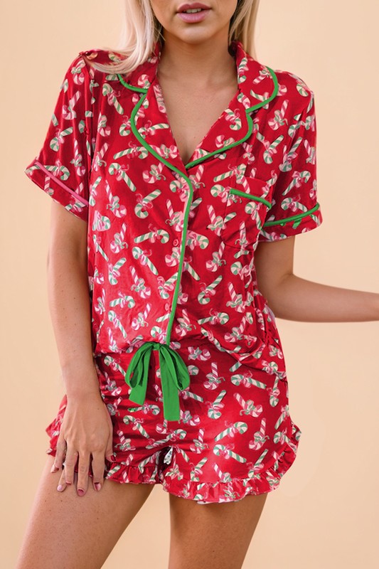 Christmas Candy Cane Print Knotted Pajama Set  - Online Exclusive