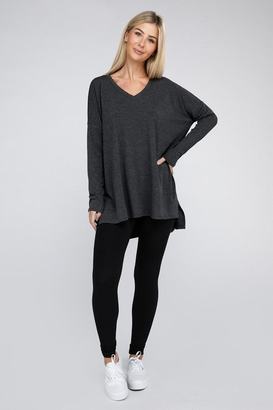 Dolman Long Sleeve V-Neck Side Slit Hi-Low Hem Top - Online Exclusive