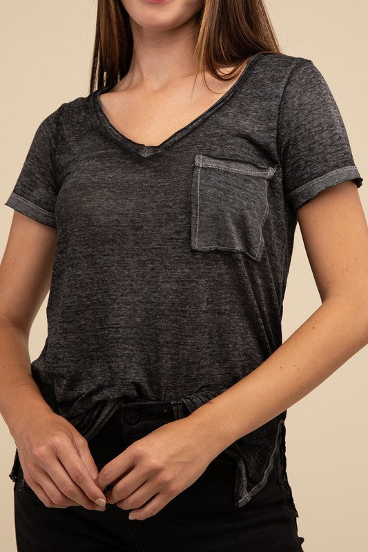 Washed Melange Burnout Scoop V-Neck Top - Online Exclusive